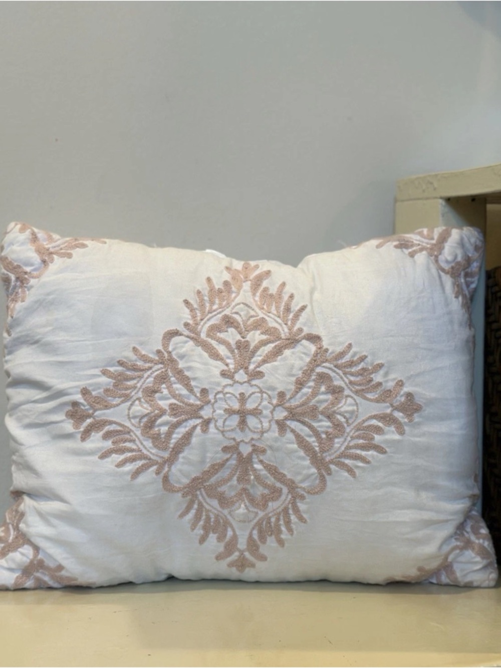 Soft White Pillow with Blush Embroidered Medallion 15” x 10”
